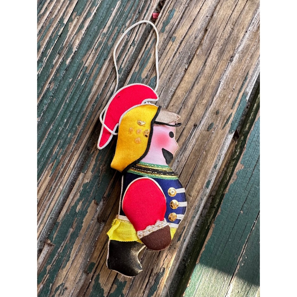 Vintage Padded Satin Soldier Christmas Ornament Sequin Accents Red Blue Yellow